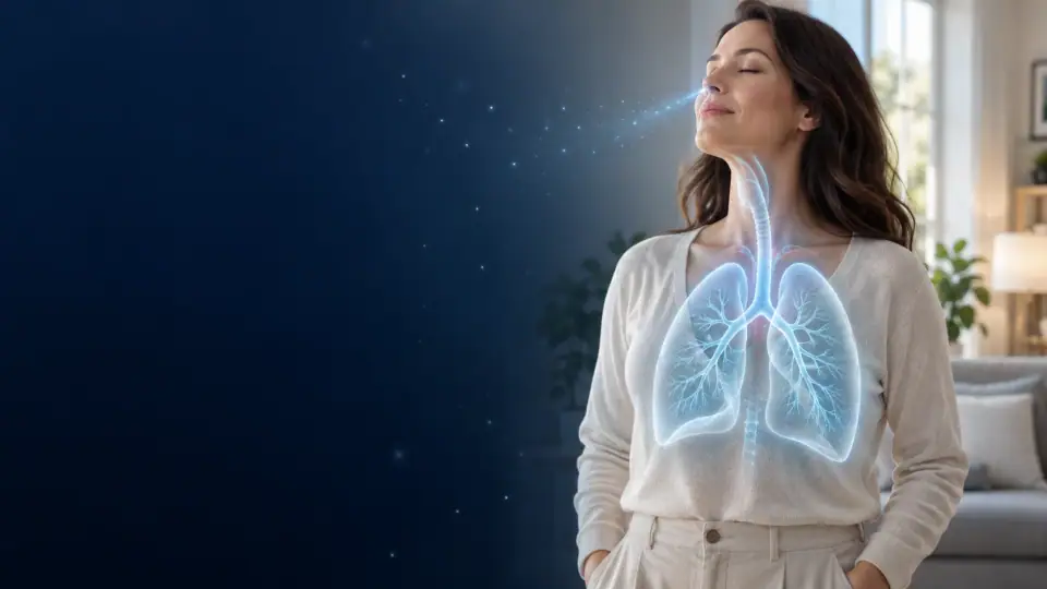Conceptual illustration of a woman breathing, with the airway and lungs softly illuminated