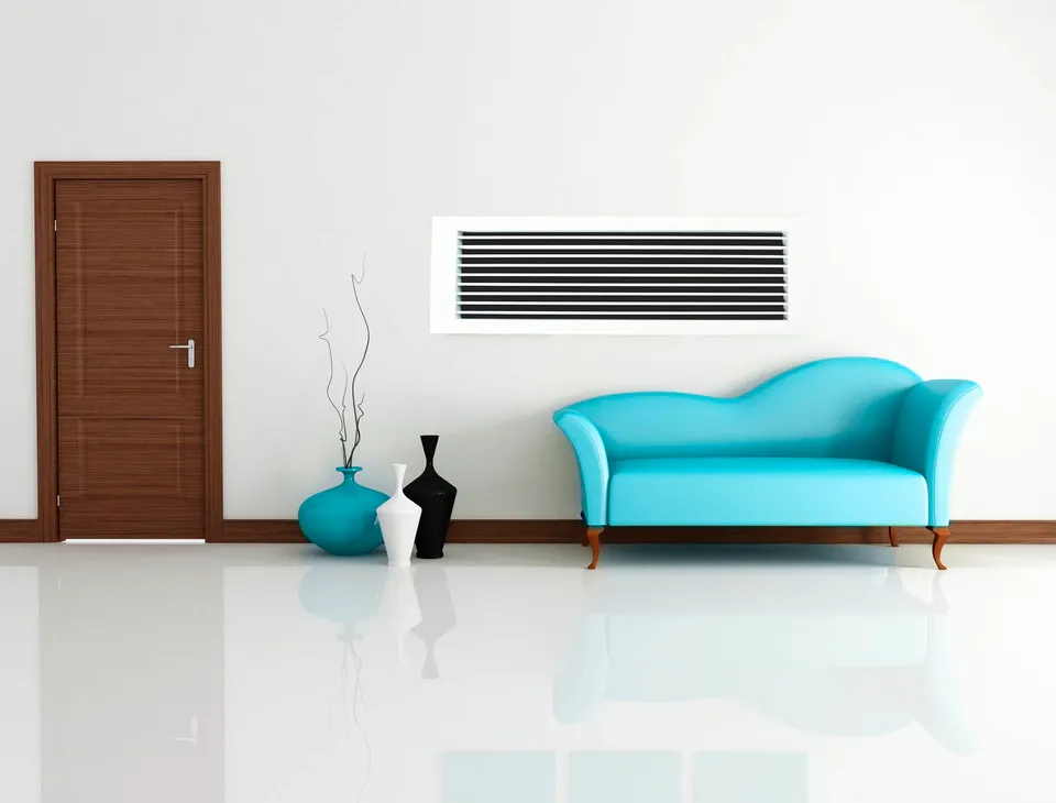 The original PAC Zen Home illustration: a turquoise sofa beside a wall air vent