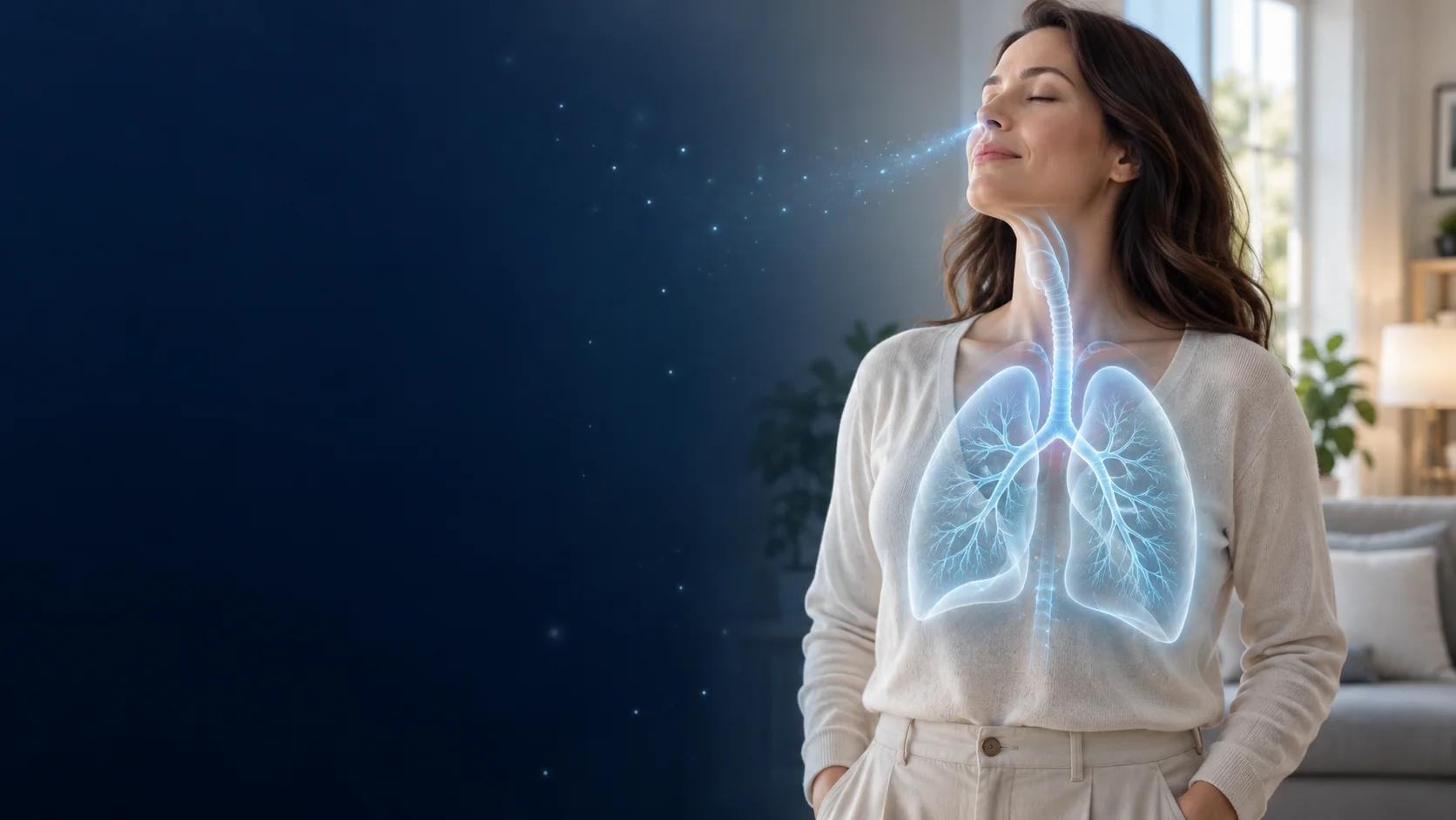 Conceptual visualization of a person breathing with translucent lungs and airways