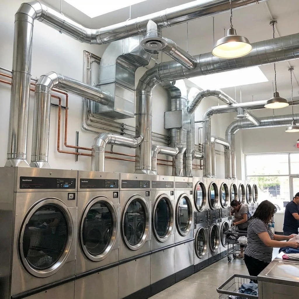 Rows of commercial laundry machines in a laundromat