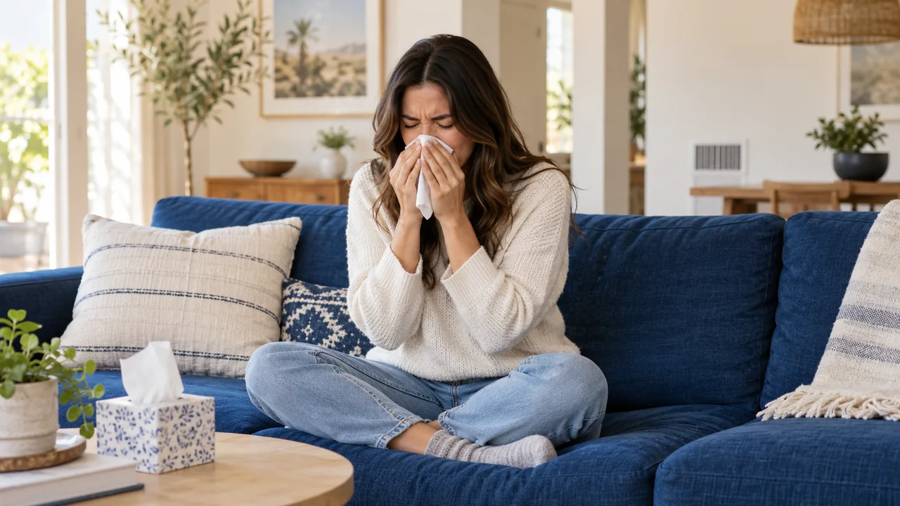 A woman sneezing into a tissue on a blue sofa at home; illustrative allergy concern