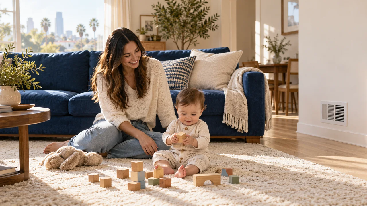 A parent and baby playing beside a deep blue sofa, with a low wall air vent nearby; illustrative home scene